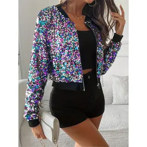 Women’s glitter sequin zip-up jacket, casual long-sleeve V-neck outerwear for daily wear, ladies’ clothing for all seasons, coats
