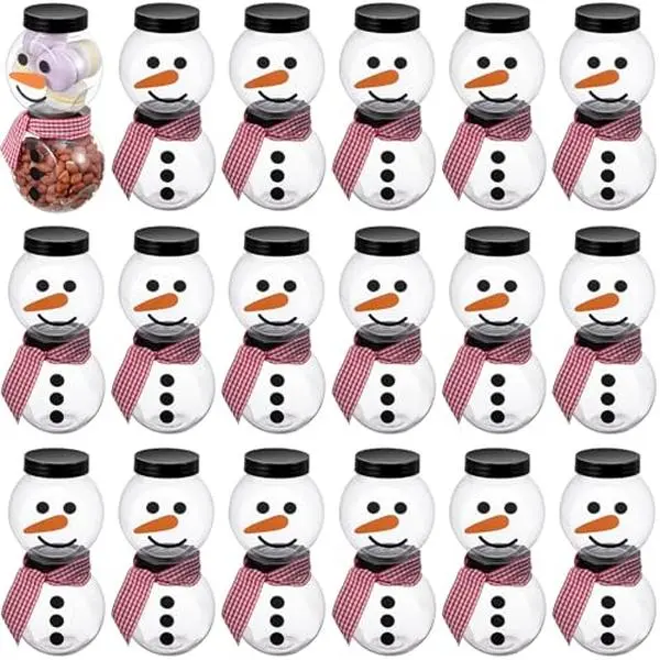 12/36Pcs Plastic Candy Jars for Christmas Party Favors Snowman Christmas Candy Jars with Lids Clear Xmas Cookie Jar Container Chocolate Storage Jar with Stickers, Ribbon for Marshmallow Gift