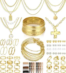 FAXHION Women's 68-Pieces Different Styles Gold Costume Jewelry Set, Including Multiple Chains Necklaces (7), Bracelets (17), Hoops & Studs Earrings (5 Hoop, 15 Stud), Knuckle Rings (24), Combo Jewelry Sets, Gold-Colored Jewelry Sets