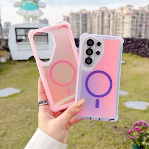 HISTORYOO 2 in 1 Fluorescent Iridescent Magnetic Case for Samsung Galaxy S26 Ultra S25 Plus S24 FE S23 S22 2-layer Color Changing Laser Gradient Dazzling Matte / Glitter Bumper Shockproof PC Front Frame 4 Corner Coverage Anti-Drop MagSafe Wireless Charger