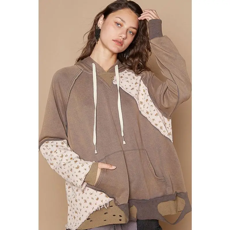 POL Floral Patchwork Distressed Drawstring Hoodie