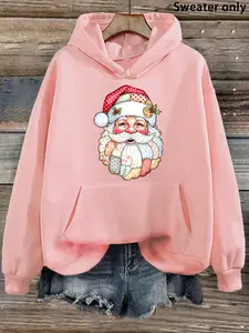 Cute Patchwork Santa Drawstring Hoodie, Soft & Cozy Christmas Sweatshirt, Fitted Casual Style, Perfect Fall Winter Wear