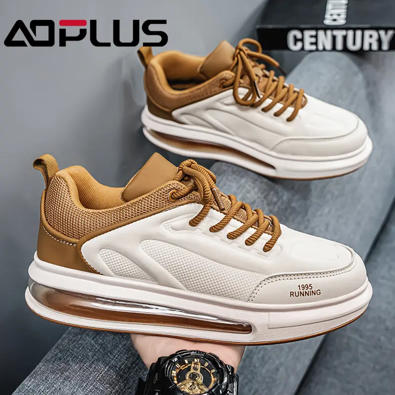 AOPLUS New men's classic and fashionable sports shoes, beige brown alternating cushioned sports shoes, breathable casual thick-soled height-increasing sports shoes, running and training multi-functional shoes