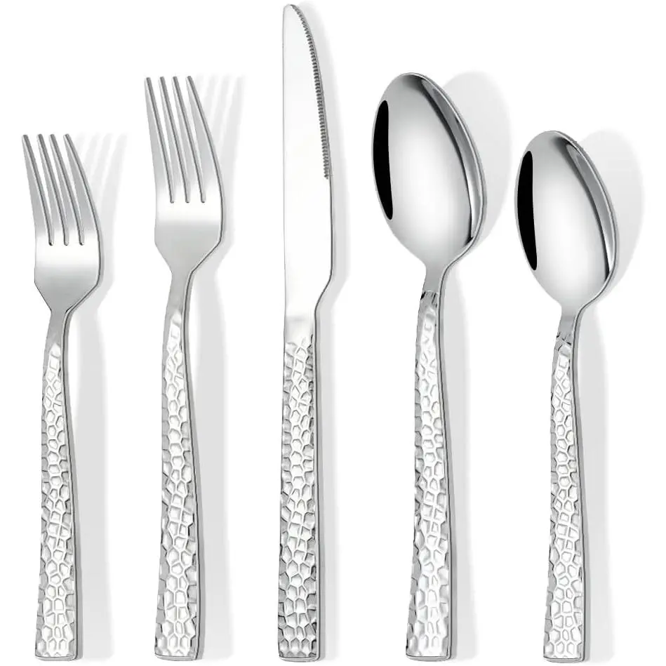 60 count Silverware Set for 12,  Stainless Steel Hammered Flatware Set, Kitchen Utensil Cutlery Silverware Set Include Fork Spoon , Mirror Finished Silverware Sets, Dishwasher Safe