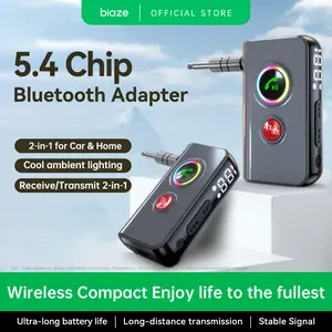 Biaze 5.4 Car Bluetooth Adapter Dual-mode Wireless Transmitter/Receiver 3.5mm Audio Interface Suitable for Home Audio/Wired Speakers Battery Display Cool Lighting Effects 8-Hour Long Battery Life Car Accessory Bluetooth Transmitter Automotive Supplies