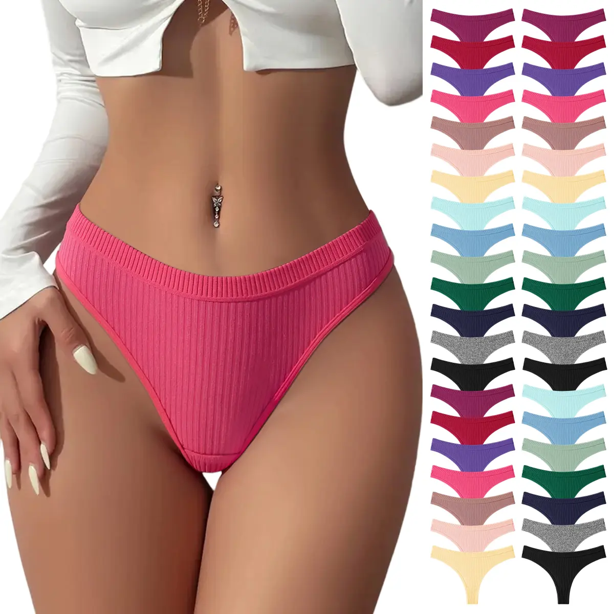 Hotcom Women's 14pcs Solid Drop Waist Cotton Thong Underwear Set - Soft, Ribbed, Breathable, Stylish, Plus Size Minimalist Basic Fit, Machine Washable All Seasons Daily Wear, Style, Plussize, Underwear For Women, Solid Color, Easy Styling, Cotton, Gentle
