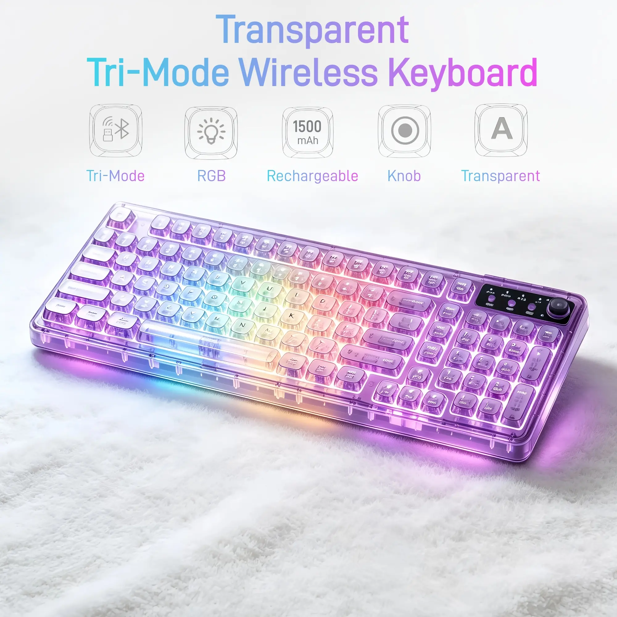 Crystal RGB light Keyboard for Cute Aesthetic Desk Setup, 99-Key Wireless Keyboard with Mechanical Feel, Tri-Mode connection Bluetooth 5.0/2.4G/USB-C Connectivity, Rechargeable Backlit Keyboard with Volume Knob for pc Desk, Study Space & Laptop, Purple