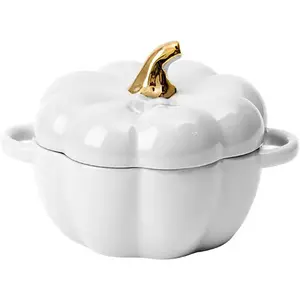 Pumpkin Bowl Set with Lid and Handle, 14 Oz Ceramic Ramekins for Baking, Casserole Dish Individual Severing Pot, Stoneware, Oven Safe (White)