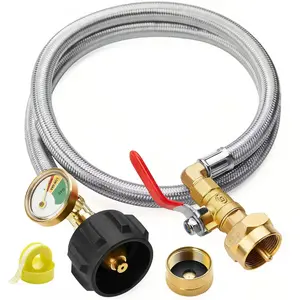 Propane Refill Adapter Hose |   3ft Stainless Steel with Pressure Gauge & Shut-Off Valve |   Safe Fill for 1lb & 20lb Tanks |   Camping, Grill & Outdoor Use