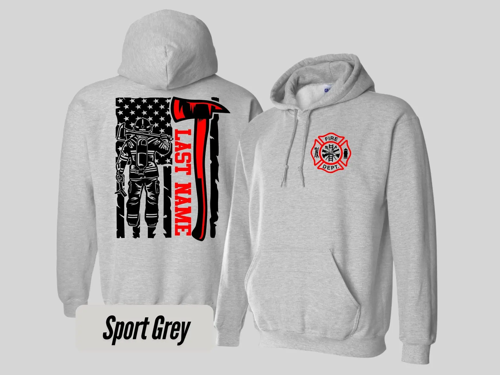 Custom Last Name Firefighter Hoodie, Heavyweight Fire Department Gift