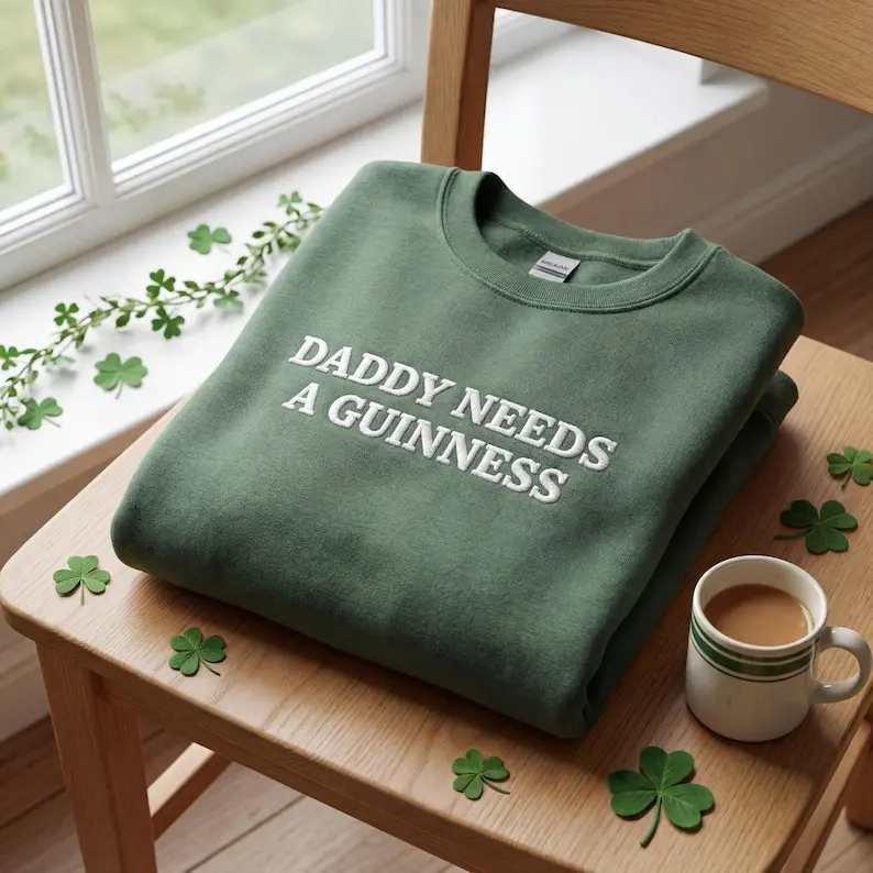 Daddy Needs a Guinness Embroidered Crewneck Sweatshirt – Funny Dad Beer Gift, St. Patrick’s Day Guinness Inspired Jumper