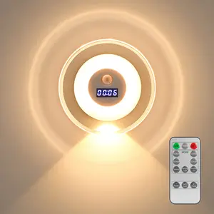 LED Motion Sensor Wall Light with Digital Clock, Rechargeable Night Light, 3 Color Dimmable Wall Sconce with Remote Control for Bedroom, Bathroom, Hallway, Stairway & Home Decor