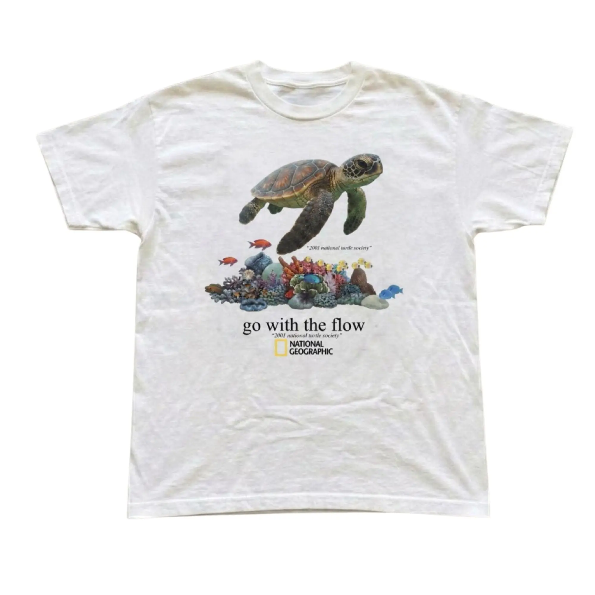 Go With The Flow Sea Turtle T-Shirt, Vintage Coral Reef Ocean Life Graphic Print, Unisex White Heavyweight Streetwear Tee, Summer Vacation Marine Gift