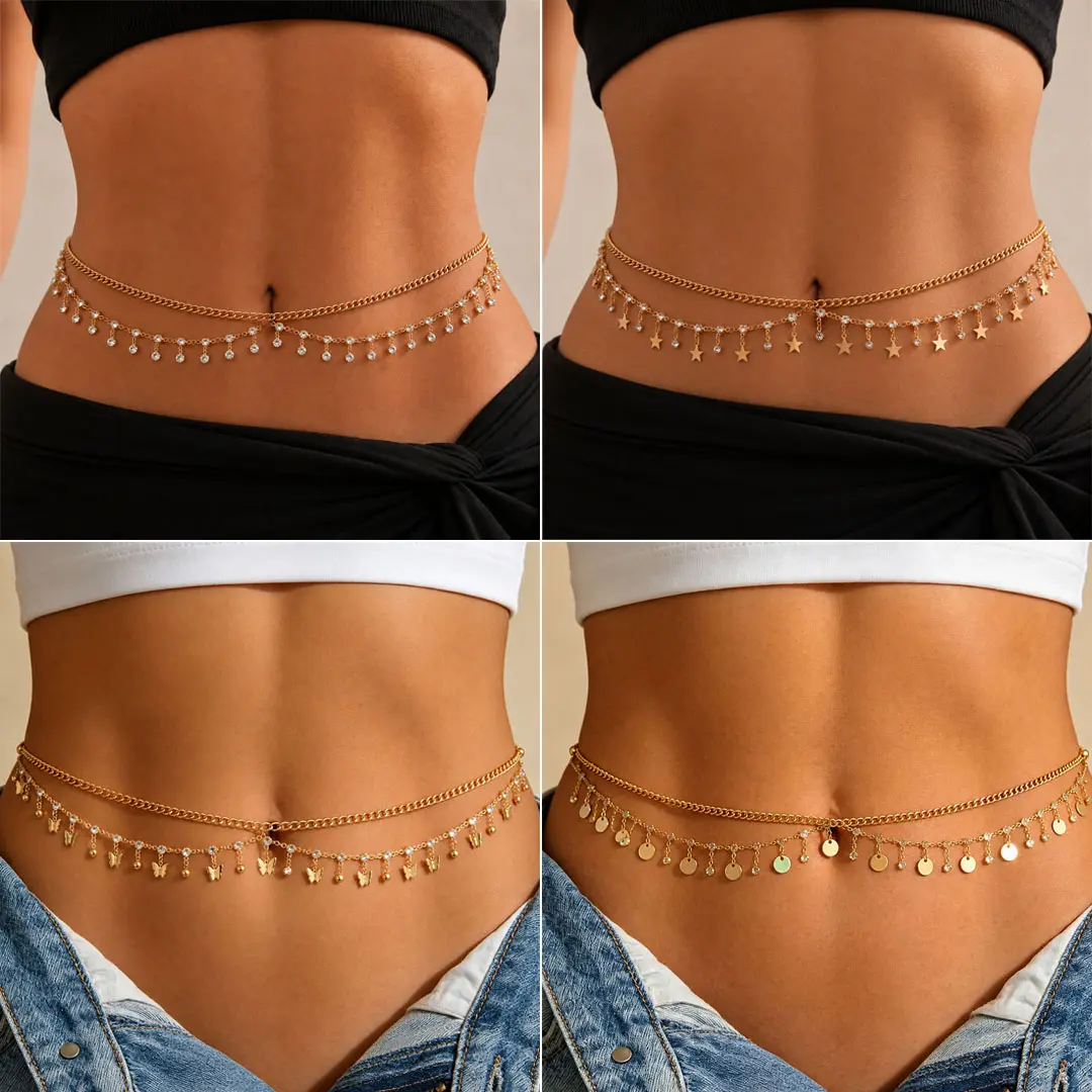 4Pcs Gold Bling Waist Chain for Women, Adjustable Boho Belly Chain Jewelry Set, Charm Body Chain with Butterfly Star Coin Drop Charms, Great for Vacation, Party & Daily Wear, Ideal Gift for Girlfriend