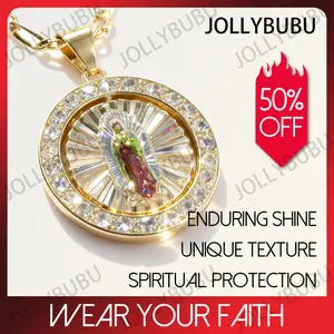 14K Gold Plated Our Lady of Guadalupe Pendant Necklace with CZ Stones - Virgen De Guadalupe Virgin Mary Medallion Catholic Religious Jewelry Amulet for Women Men