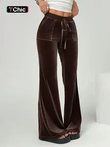 Women's High Waist Velvet Flare Pants, Casual Plain Color Wide Leg Trousers, Comfortable Fashion for Daily Wear