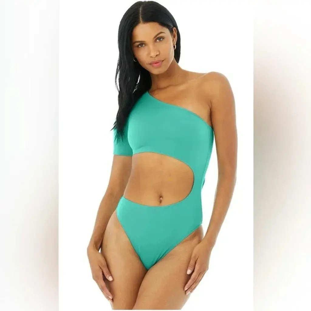 Alo Yoga Body Wave Cutout One Shoulder One Piece Bodysuit in Ocean/Teal | Women's