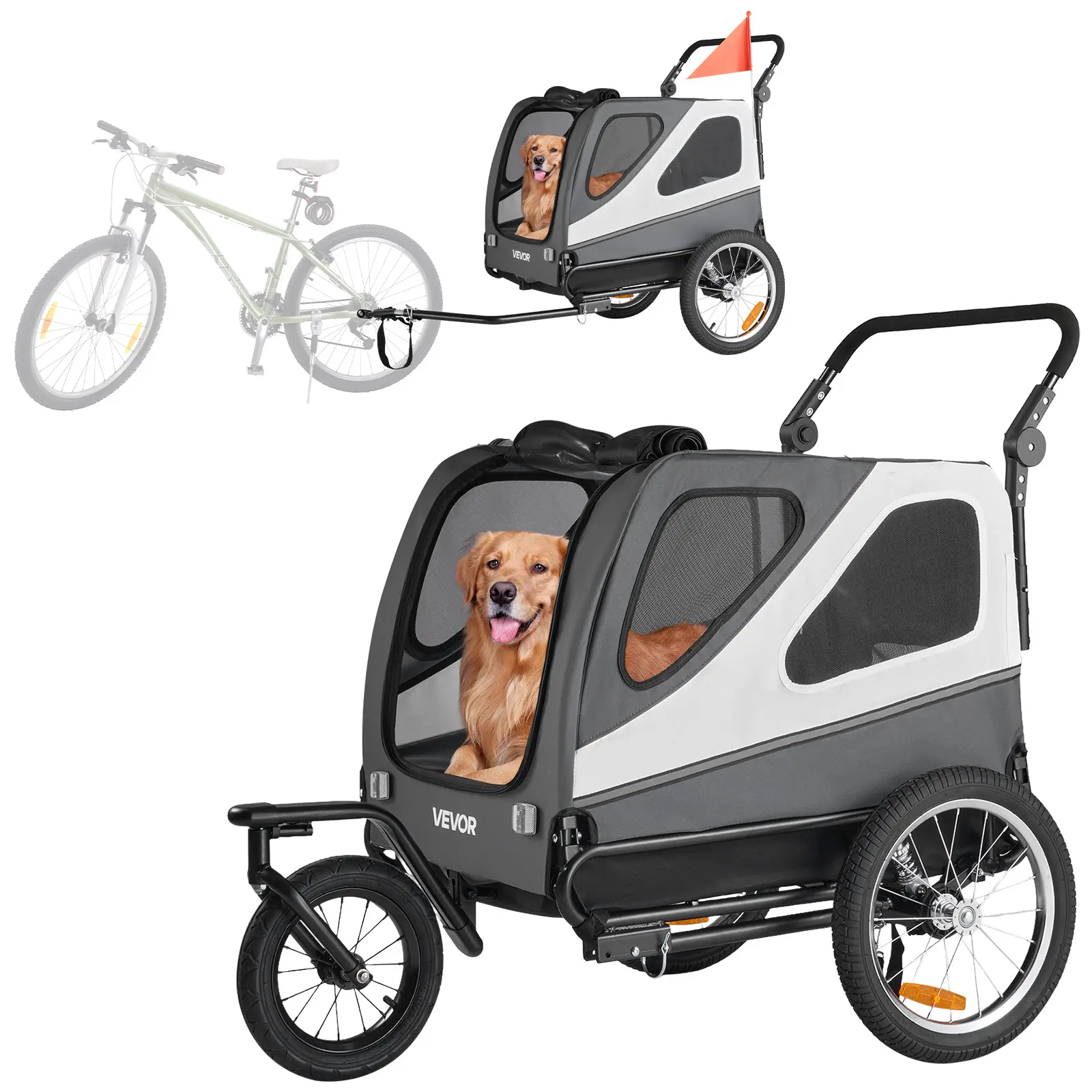 VEVOR Dog Bike Trailer,  Supports up to 100 lbs, 2-in-1 Pet Stroller Cart Bicycle Carrier for Small & Large Dogs, Easy Folding Frame with Quick Release Wheel, Universal Bicycle Coupler, Internal Leash