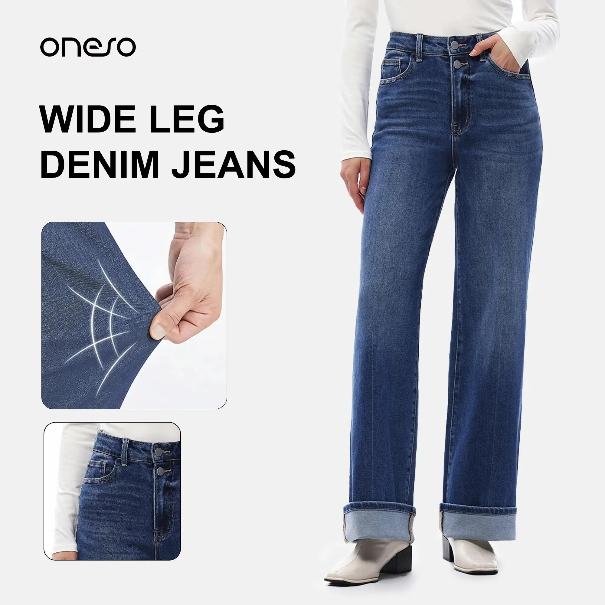 ONESO Stretchy Wide Leg Jeans for Women Dark Blue Cuffed Denim Pants Casual Everyday Bottoms
