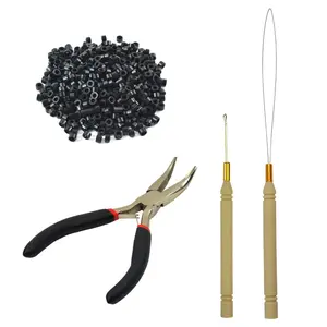 Hair Extensions Tool Kit Black Hair Pliers Pulling Hook Bead Device Tool Kits and 500 count 5 mm  Links Rings Beads (Black)