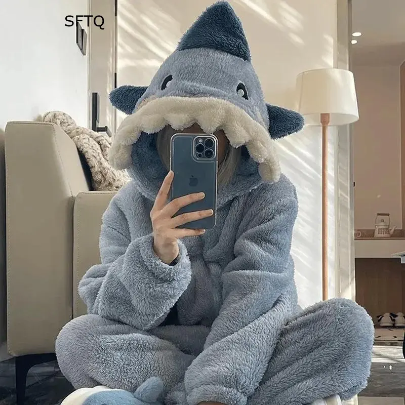SFTQ Cute Blue Shark Pajamas Long Sleeve Jumpsuit Animal Autumn Homewear Winter Sleepwear Cosplay Costume for Women and Men