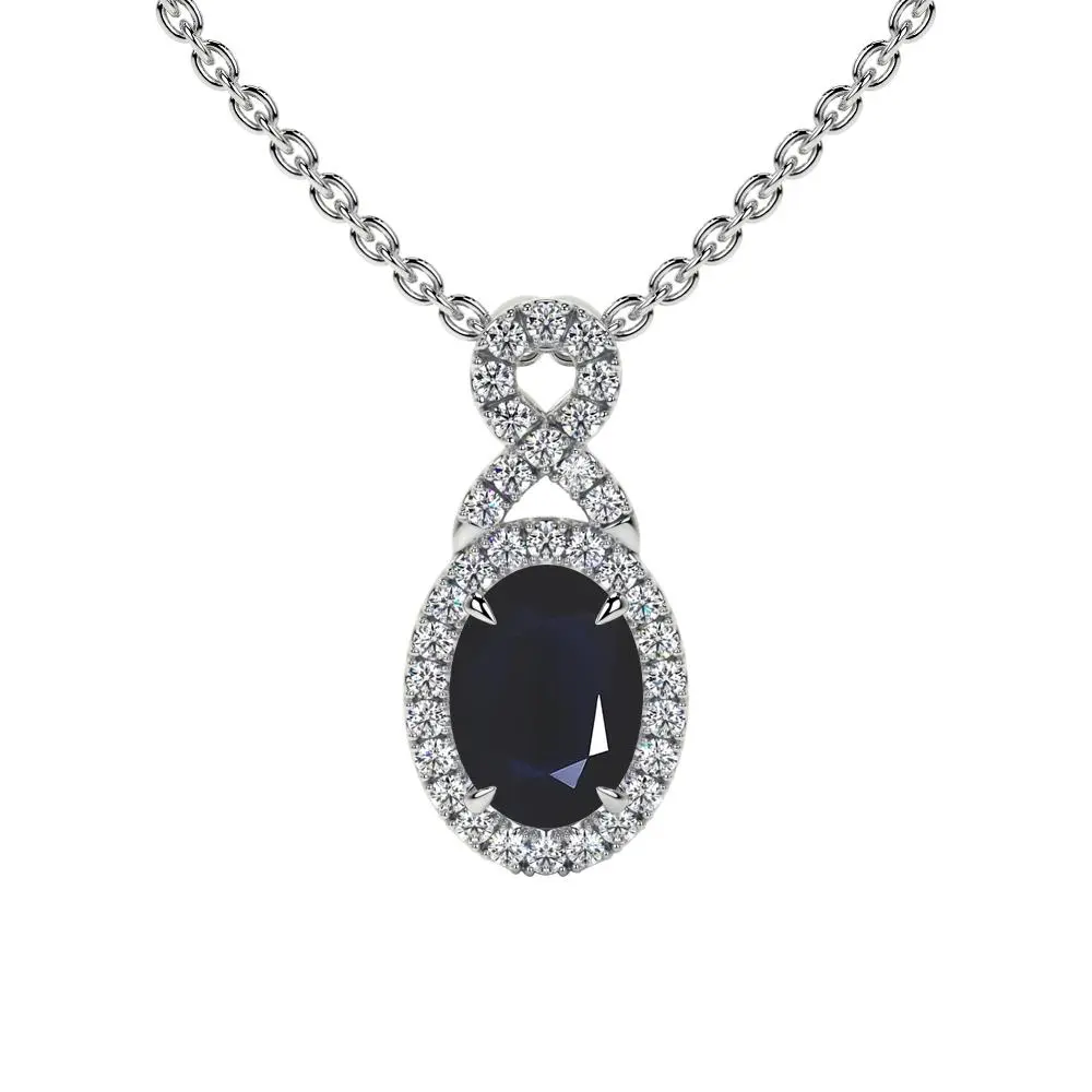Oval Cut Blue Sapphire Twist Halo Pendant (1.17cttw)- PBS002-7X5-A