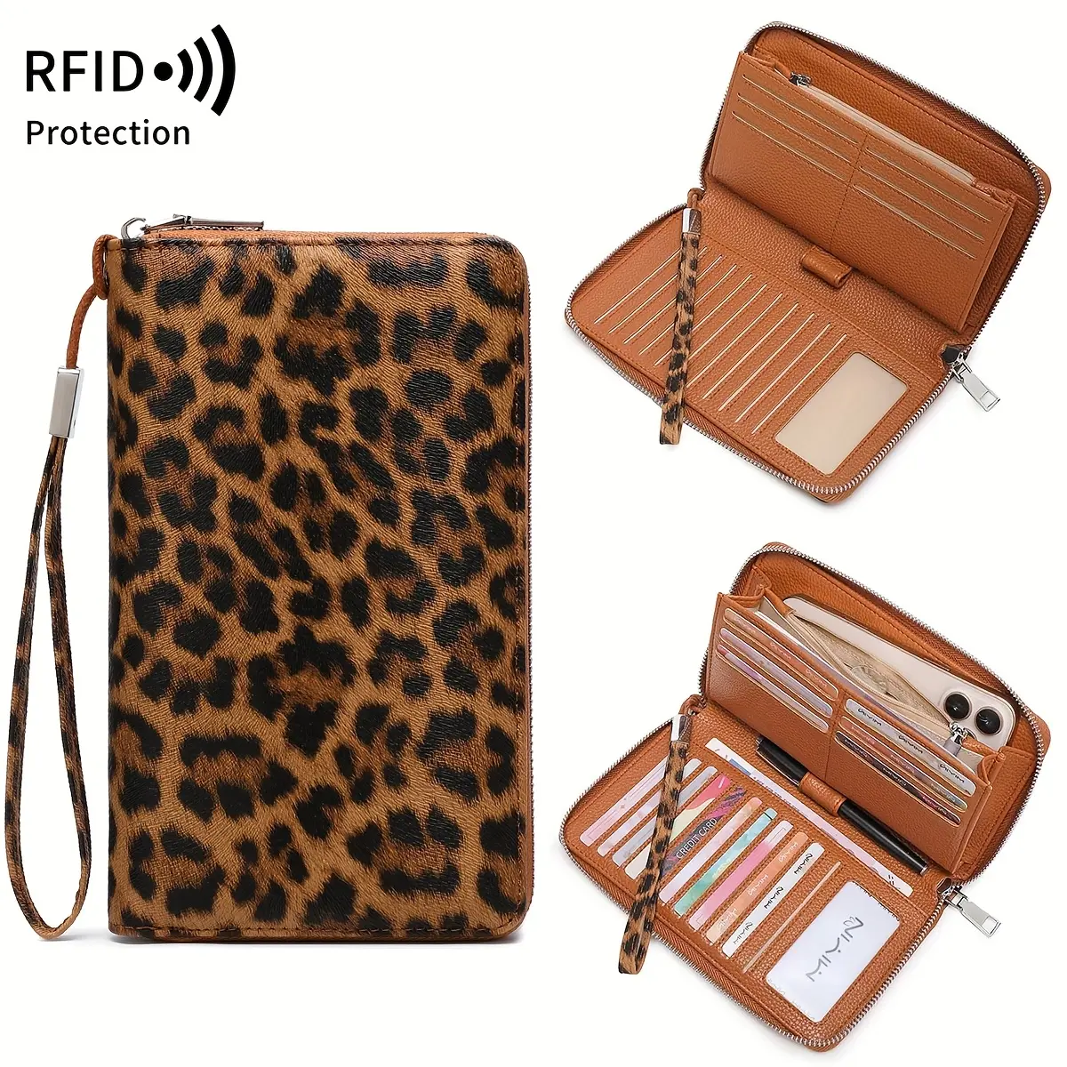 Women's Genuine Leather Clutch - Vintage Leopard Print, RFID-Blocking, High-Capacity, Wrist Strap Included, Retro Secure Storage Wristlet Purse, Clutch Bag, Evening Clutch Bag