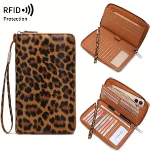Vintage Leopard Print Women's Wallet - RFID-Blocking Large Capacity Clutch with Wrist Strap
