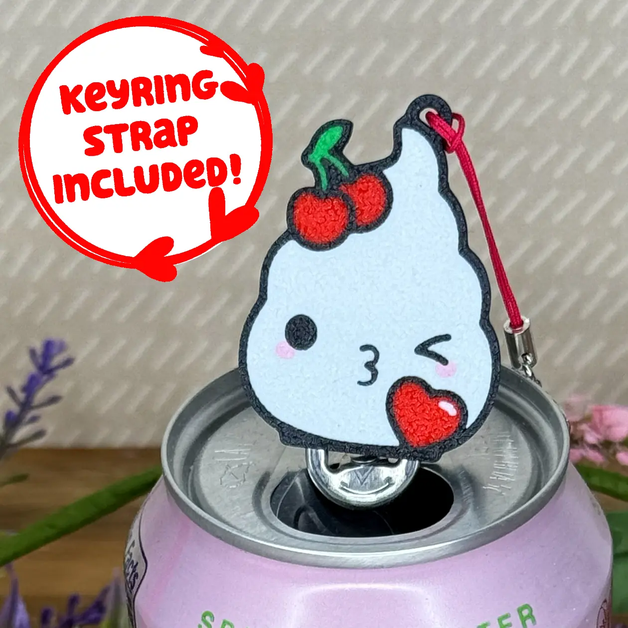 Cherries and Cream Tab Buddy Soda Can opener - cute whip fruit keychain gift present charm accessory for arthritis, EDS, long nails, hands