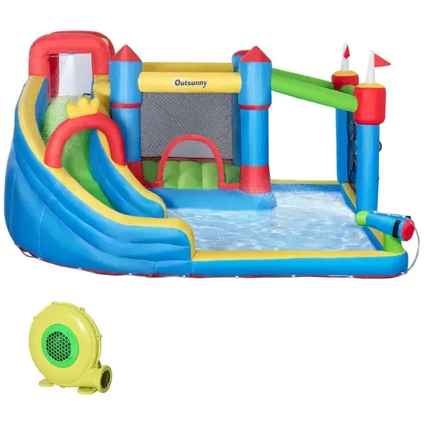 6-in-1 Inflatable Water Park Bounce House Castle with Pool, Cannon Slide, Trampoline, Throwing Wall, 450W Blower, Oxford Fabric for Kids’ Water Fun & Pool Time Fun