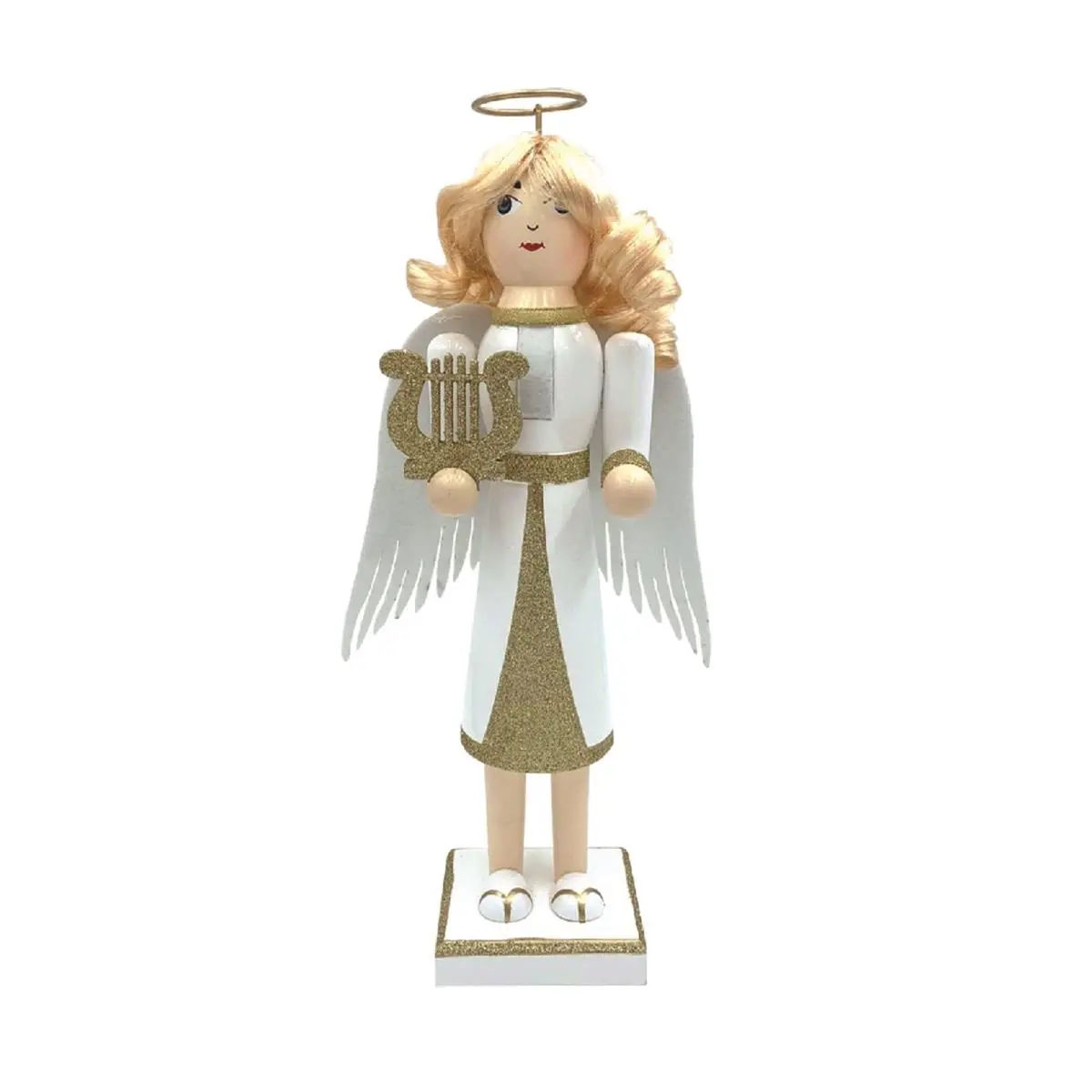212 MAIN 14 in. Golden Handcrafted Angel Nutcracker - Hand-Painted Design, Holiday Christmas Ornaments, Angel Motif Winged Figure Figurines & Miniatures Home Decor