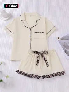 Women's Contrast Binding Pajama Two-piece Set, Short Sleeve Button Up Top & Shorts Pj Set, Casual Comfy Loungewear Set for Women, Nightwear, Casual Sleepwear Set