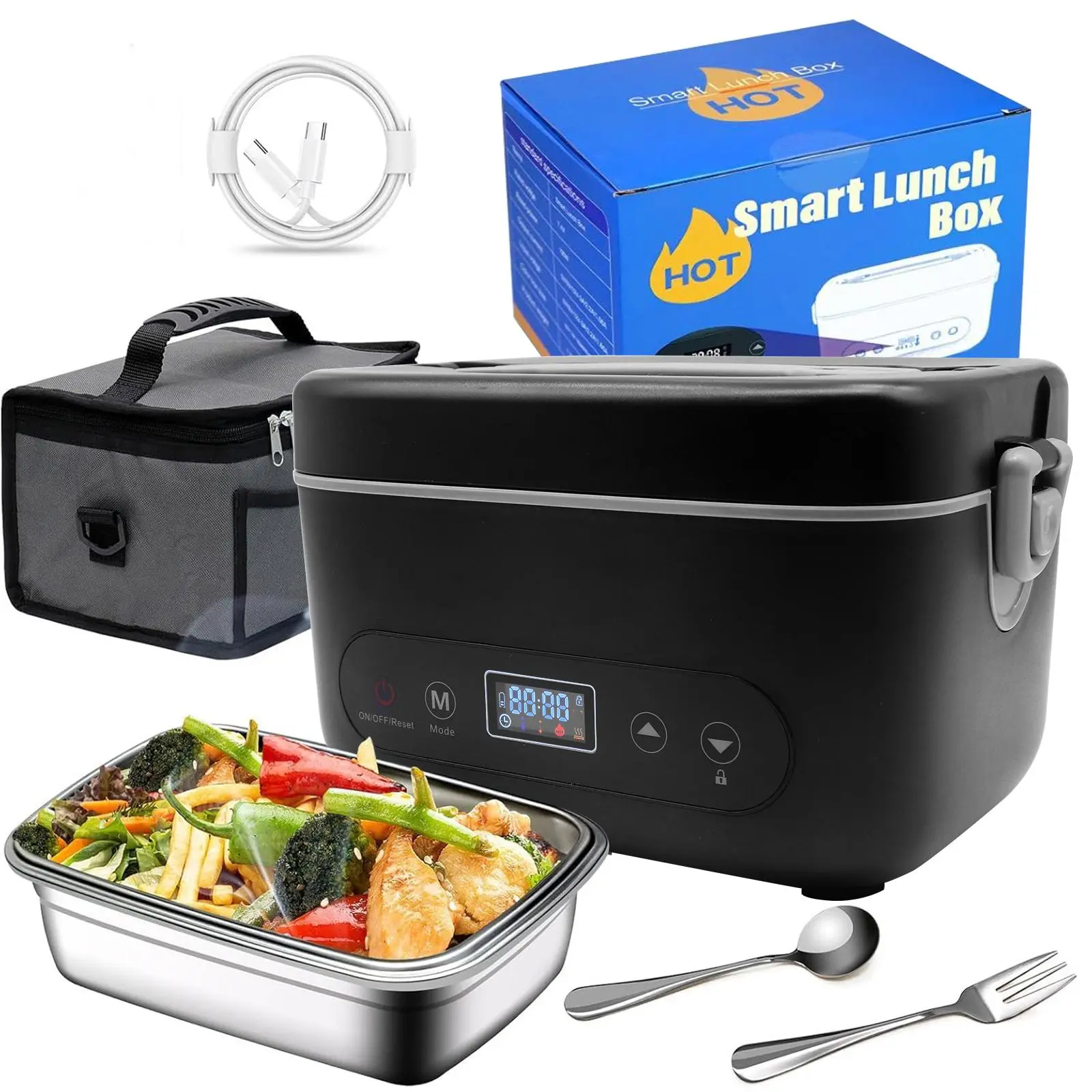 Upgraded Cordless Electric Lunch Box, 100W Fast Heating 1.2L Stainless Steel Container, 12000mAh Rechargeable Portable Food Warmer with Timer Insulation, Comes with Insulated Bag & Tableware for Office Car Truck Outdoor
