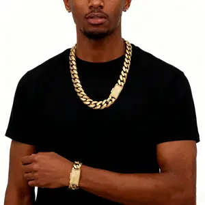 18K Gold Plated Cuban Chain Set – Waterproof, No Tarnish, Iced Lock Clasp Necklace & Bracelet, 8–22mm Width, Chains 16–30", Bracelets 7.5/8.5