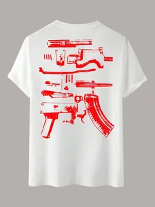 Draco Gun Parts Print T-Shirt, Street Style Casual Long Sleeve Top, Slim-Fitting, All Seasons, Daily Wear & Home Use