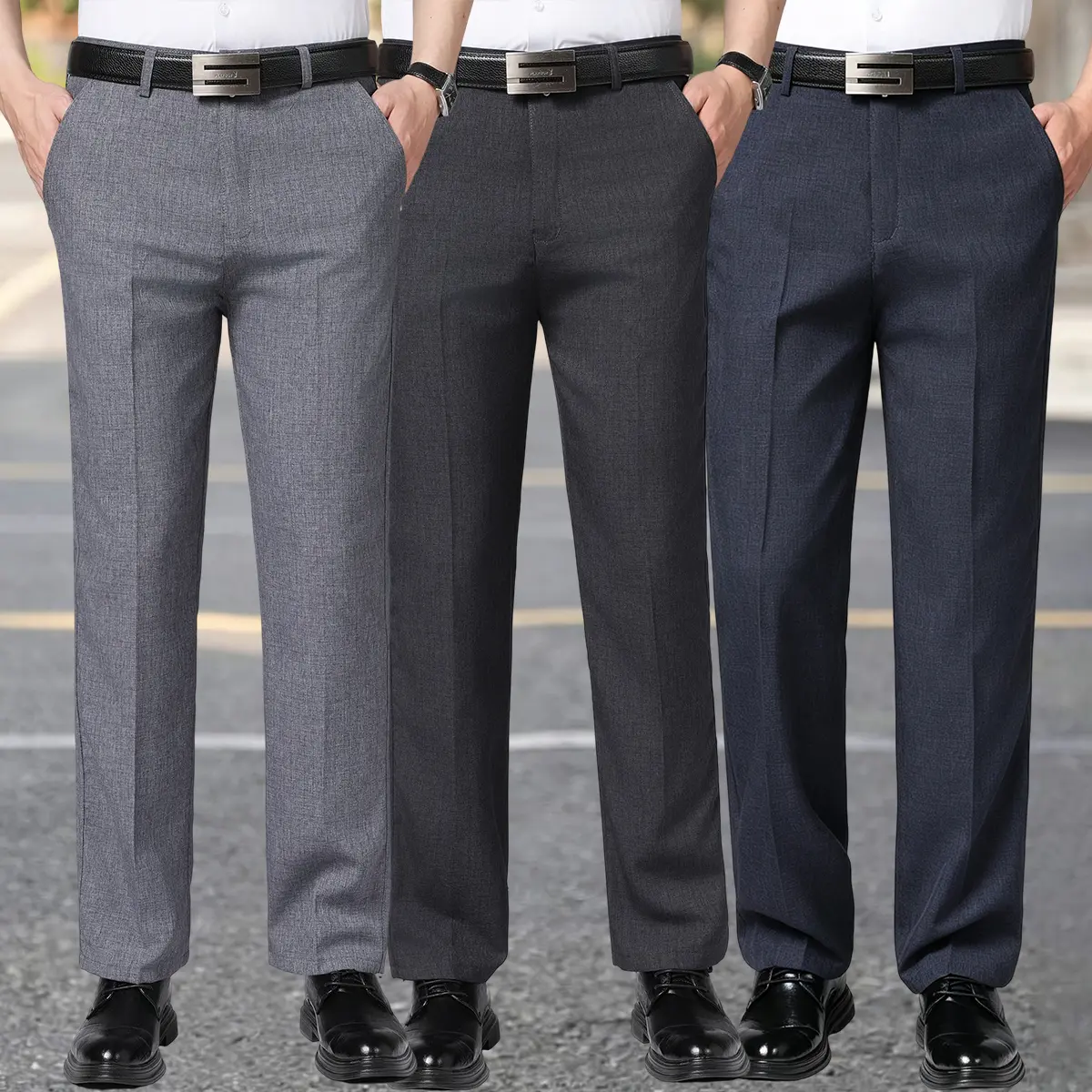 Men's Stylish Classic Business Casual Dress Pants - 3-Pc Multi-Color Set with Belt & Zipper, Drape Slim Straight Fit, Breathable Comfortable Office Trousers for Golf & Business Travel, Menswear