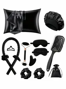 13-Piece Sleep Hair Care Set, Satin Pillowcase, Satin Hair Bonnet, Eye Mask, Heatless Curling Rod, Hair Ties, Facial Roller, Spa Gift Set