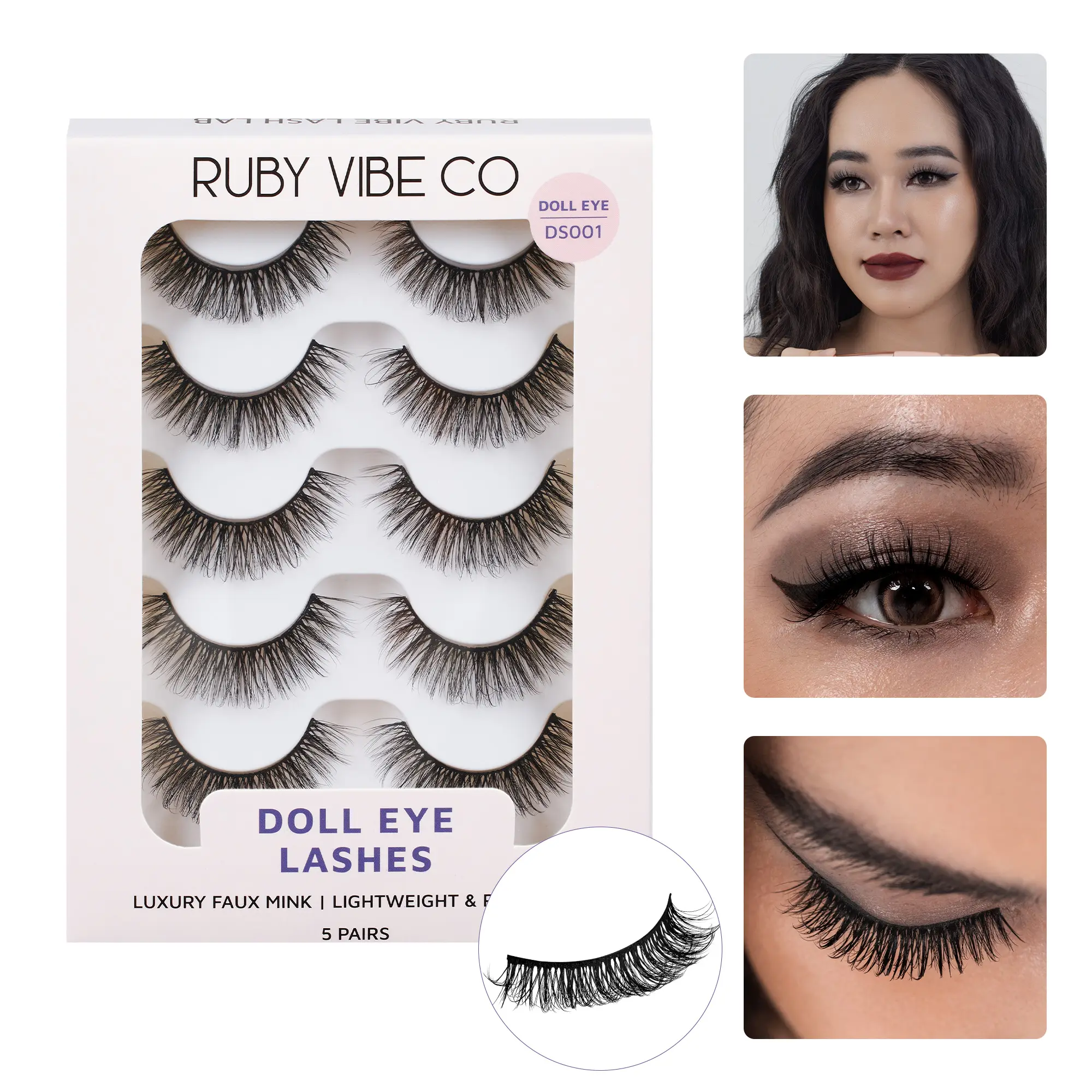 RUBY VIBE CO Sweet Doll Strip Lashes, 5 Pairs Faux Mink Wispy Lash Strips, Natural Doll Eye Lashes, Lightweight Reusable Mink Lash Strips, Soft Everyday Lash Strips, Full Length