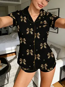 Women's Gold Leopard Bow Tie Printed Sleepwear Set, Short Sleeve Shorts Lapel Open Front Home Wear Two-Piece Suit