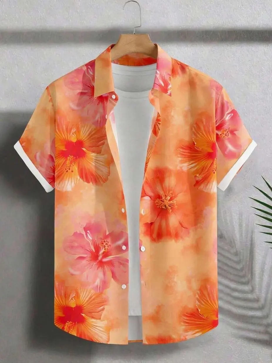 Men's Tropical Floral Print Short Sleeve Shirt - Summer Beach Party Casual Wear