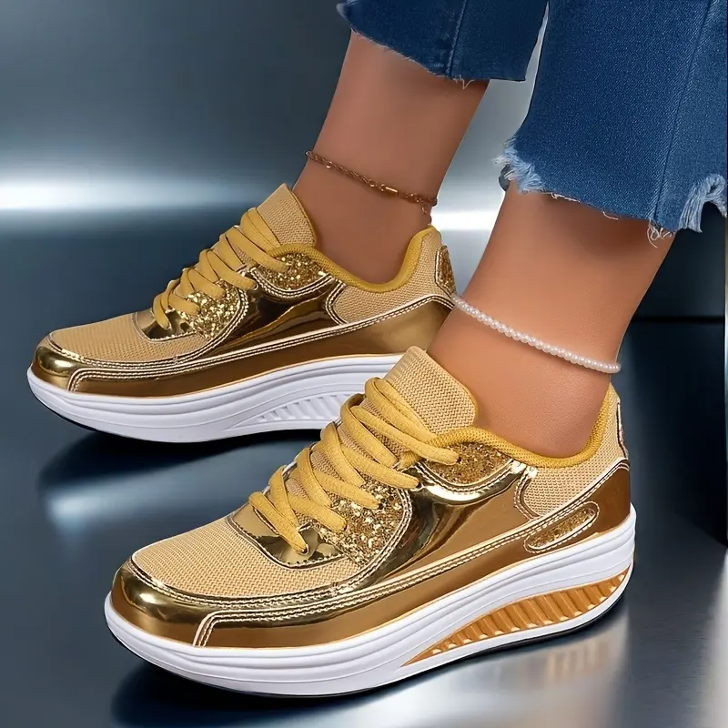 Women's Gold Sequin Sneakers, Aesthetic Lace-Up Party Shoes, Comfortable Lightweight Round Toe Casual Trainers with Colorful Laces, Sneakers For Women, Statement Shoes, Footwear, Low Top