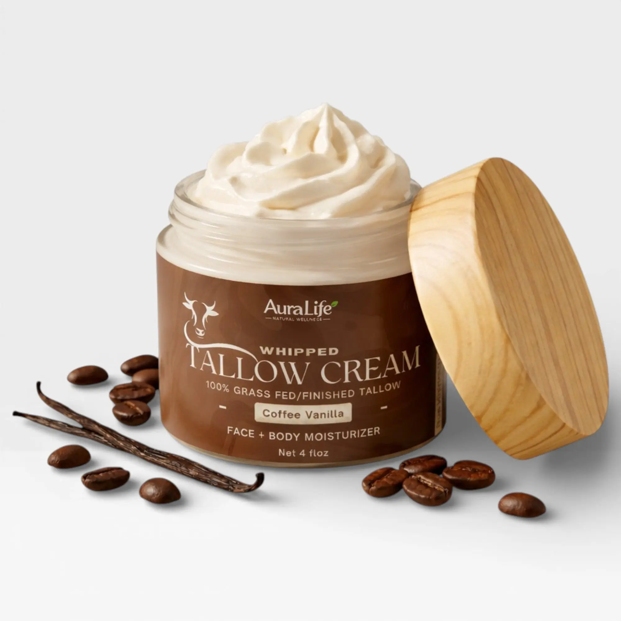 AuraLife ! Whipped Tallow Cream - Coffee Vanilla, Natural Moisturizer for Face & Body, Organic Grass-Fed Beef Tallow, Deep Hydration, Gentle on Sensitive Skin, 4oz Jar