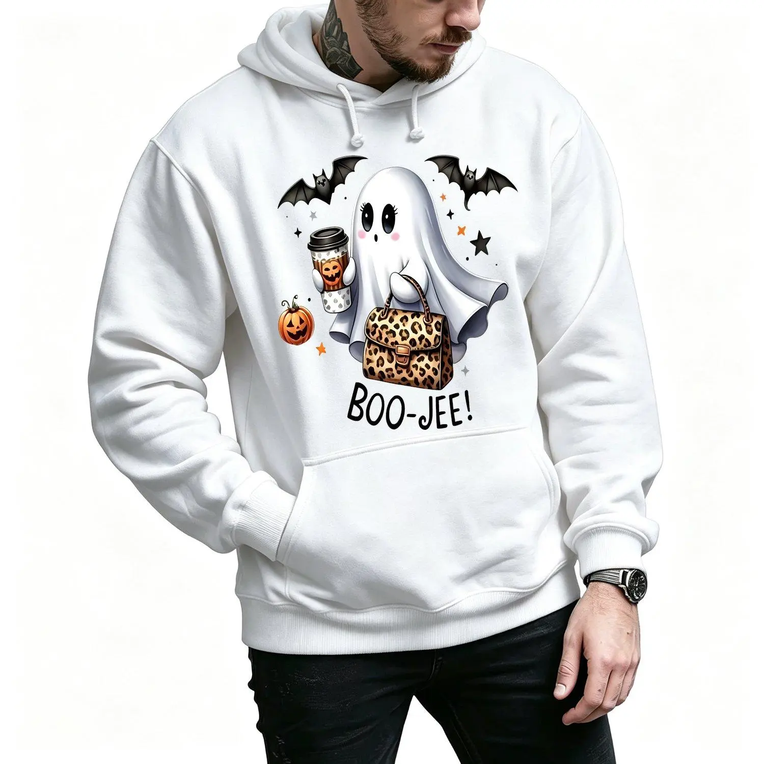 Men's Sports Hoodie Cute Ghost Holding Coffee Halloween Horror Elements Creative Print Casual Round Neck Long Sleeve Athletic Outerwear
