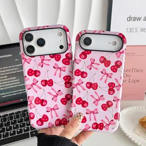 Compatible with iPhone 17/16/15/14/13 Pro Max/Pro/Plus, Glossy Pink Cherry Bow Smartphone Casing and Hard PC Protective Cover for Women Compatible with iPhone 17 Pro Max Case, Shockproof Slim Soft TPU & Hard Polycarbonate Protection Cover