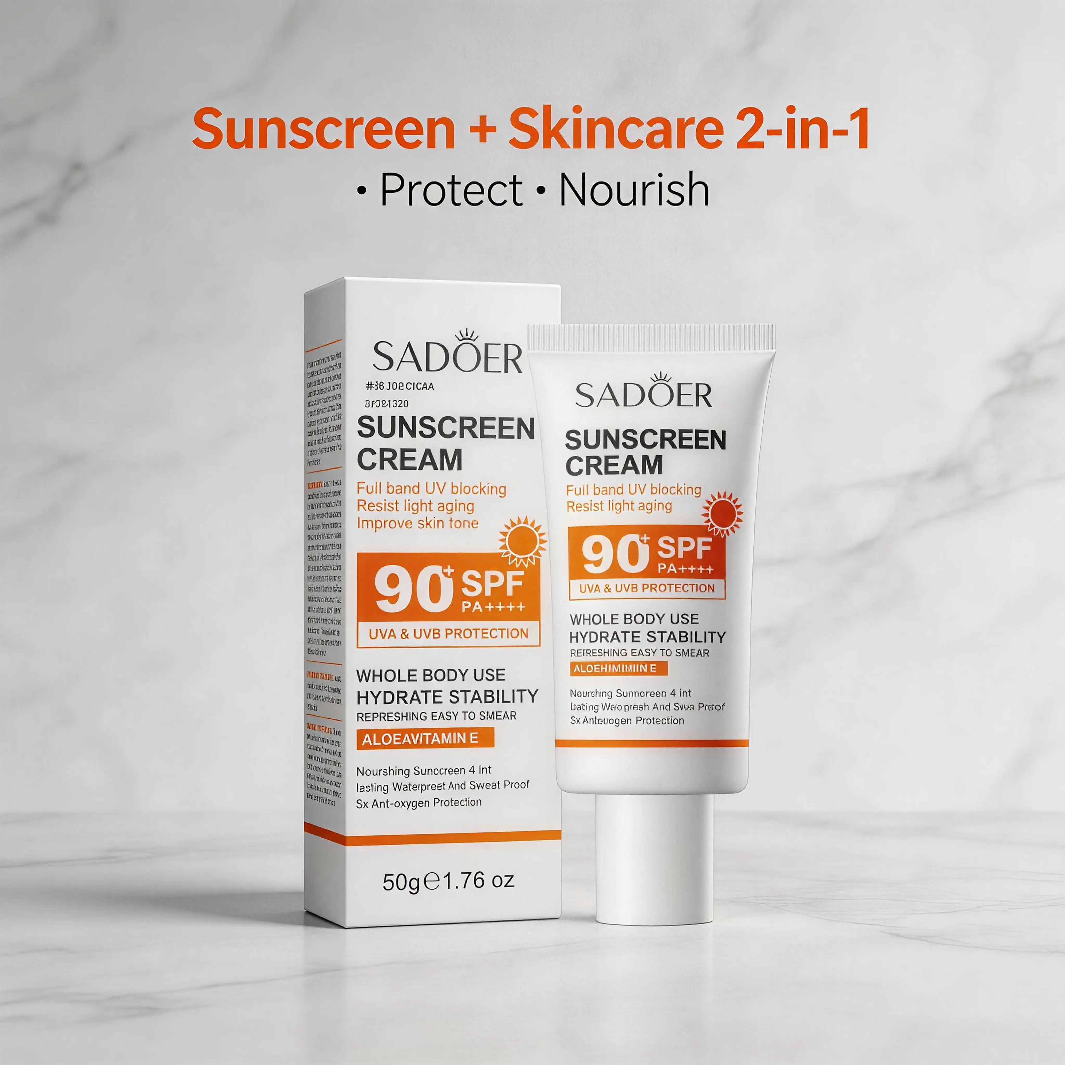 SADOER 2-in-1 SPF90+ Sunscreen | Aloe Vera + Vitamin E Nourishing | Anti-aging UV Protection