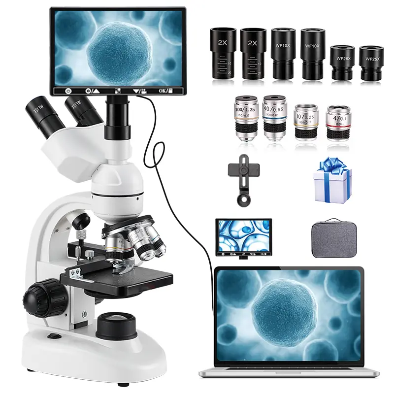 Adult Optical Microscope with WF10x/25x Eyepiece Lenses, 2x/4x/10x Magnifying Lenses, 185 Objective Lens, 40x-5000x Magnification, USB Camera, Visual Learning Tool, Office School Supplies for Children to Observe Bacteria, Visual Learning Tools Portable Ha