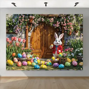 Easter Themed Banner, 1 Count Colorful Flower & Egg Pattern Backdrop, Decorative Background for Photography Room Living Room Party