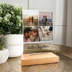 Personalized Custom Photo Collage Wood Base Desk Table Stand – Custom Picture Display, Personalized Acrylic Photo Frame, Memory Keepsake Gift, Office & Home Décor