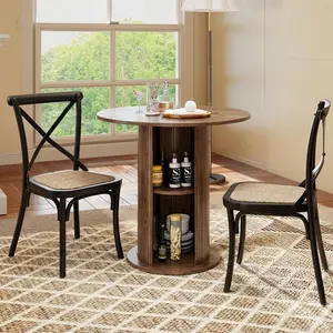 31.5 Inch Round Dining Table set for 2-4, Circle Farmhouse Kitchen Table with Storage Space, Wood Strip Base for Dining Room, Living Room, Lunch (Brown)