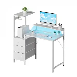 Modern White Computer Desk with Drawers, Shelves & LED Lights, Gaming Desk for Home Office leather Bamboo Modern White Computer Desk with Drawers, Shelves & LED Lights, Gaming Desk for Home Office leather Bamboo